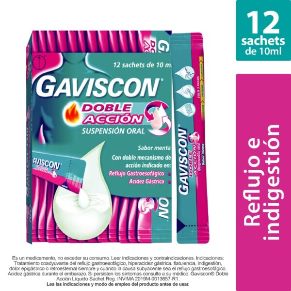 Gaviscon Doble Accion Suspension 10 Ml X 12 Unidades Alginato / Bicarbonato De Sodio /  Calcio