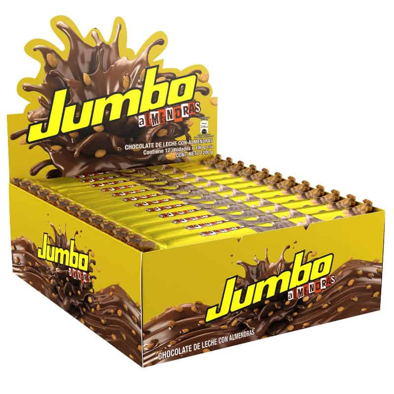 Jumbo chocolate de leche con almendras, 12 barras de 100 g, ideal para disfrutar en cualquier momento.
